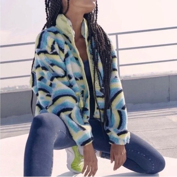 Free People Jackets & Blazers - Free People Movement Rocky Ridge Printed Bomber Fleece Jacket Blue Rainbow